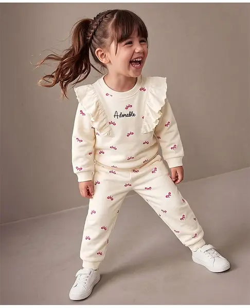 Babyhug Terry Knit Full Sleeves Bow Printed Top And Bottomwear - Cream & Pink
