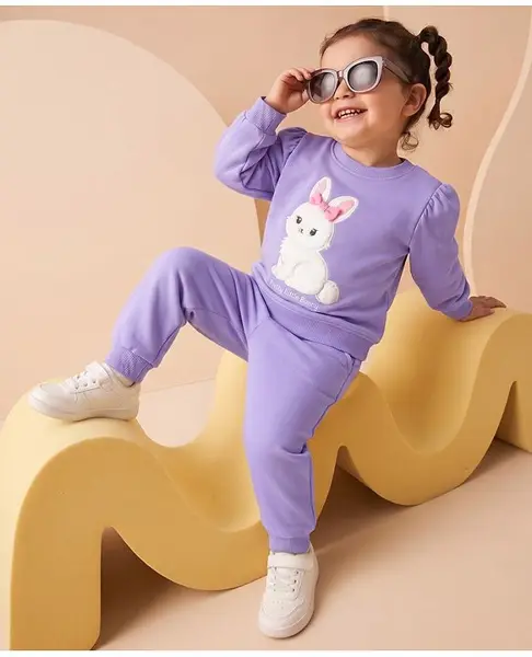 Babyhug Terry Knit Full Sleeves T-Shirt & Lounge Pant Set with Bunny Applique - Lavender