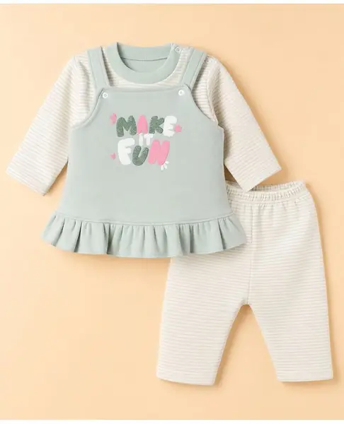 Moms pet Fleece Knit Make It Fun Text Embroidered Winter Dress With Full Sleeves Tee & Leggings Set - Green