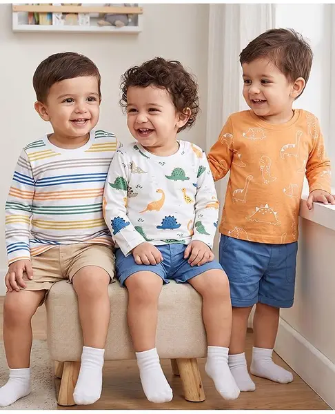 Babyhug Cotton Knit T-Shirts with Full Sleeves and Dinosaur & Striped Print Pack of 3 - White Blue & Orange