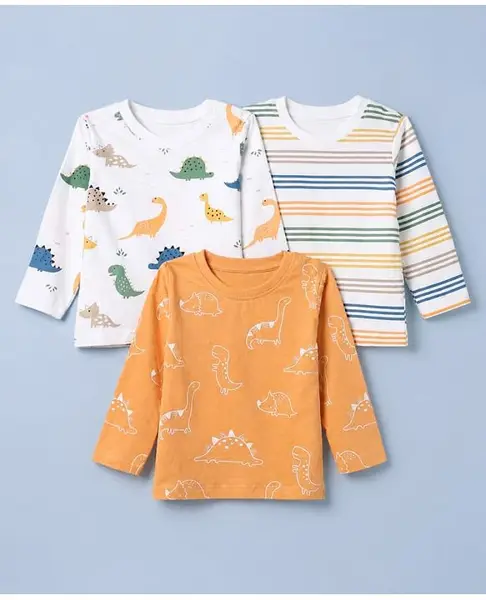 Babyhug Cotton Knit T-Shirts with Full Sleeves and Dinosaur & Striped Print Pack of 3 - White Blue & Orange