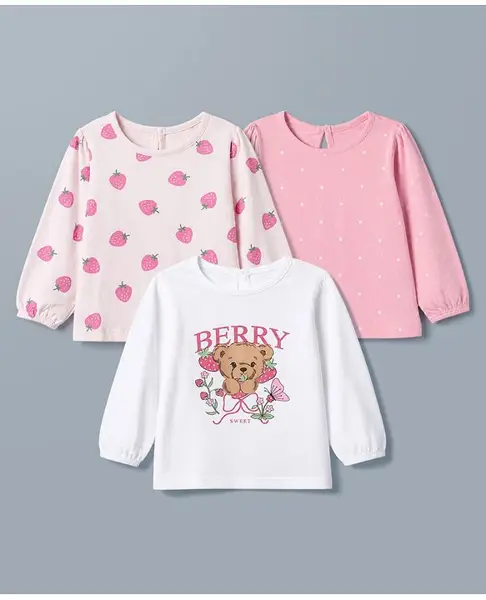 Babyhug 100% Cotton Knit T-Shirts with Full Sleeves and Bear Strawberry Polka Dots Print Pack of 3 - Peach Pink White