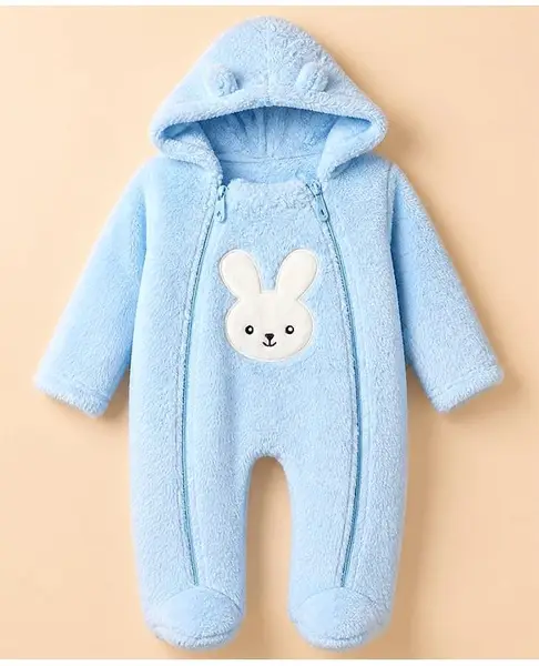 Babyhug Sherpa Fur Knit Full Sleeves Hooded Winter Romper With Bear Patch - Sky Blue