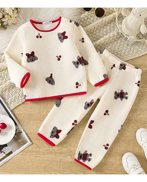 Mark & Mia Full Sleeves Co-Ords T-Shirt & Pyjama Winter Wear Night Suit with Puppy Print - Beige