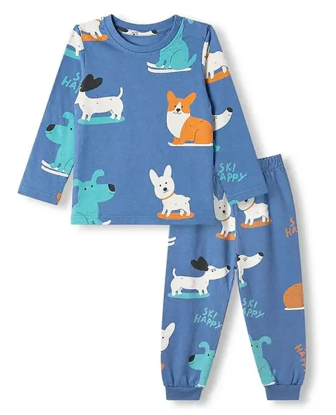 Babyhug Cotton Knit Full Sleeves Co-Ords T-Shirt & Pyjama Night Suit with Puppy Print - Blue