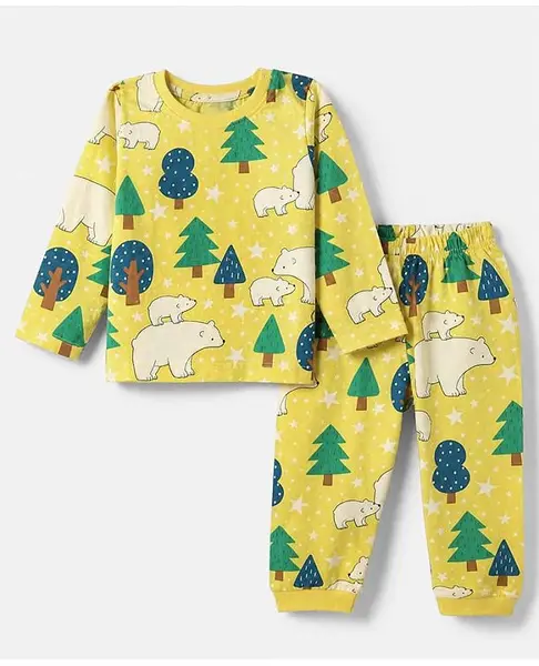 Babyhug Cotton Knit Full Sleeves Co-Ords T-Shirt & Pyjama Night Suit with Bear Print - Yellow