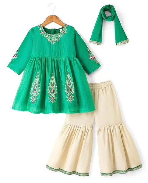 Babyhug Chanderi Woven Three-Fourth Sleeves Kurta & Gharara Set With Dupatta & Floral Embroidery - Green