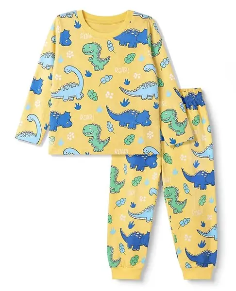 Babyhug Cotton Knit Full Sleeves Co-Ords T-Shirt & Pyjama Night Suit with Dinosaur Print - Yellow