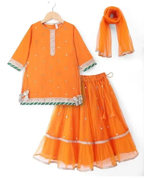 Babyhug Net Woven Embroidered Three-Fourth Sleeves Choli & Lehenga Set With Dupatta - Orange