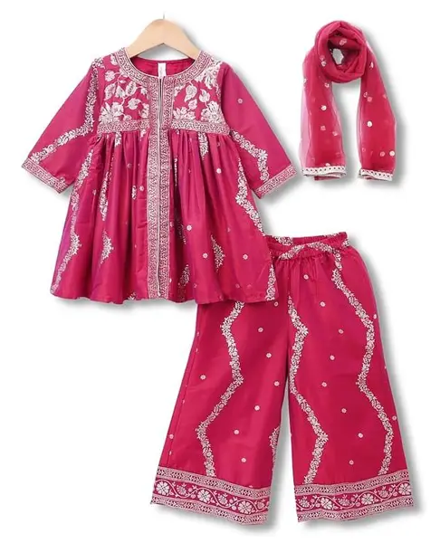 Babyhug Chiffon Woven Three-Fourth Sleeves Printed Kurta & Sharara Set With Dupatta - Pink