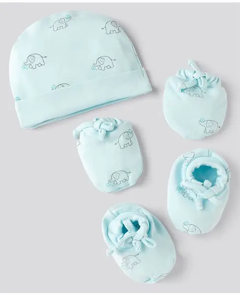 Simply Interlock Knit Cap Mitten & Booties Set With Elephant Print Aqua Blue - Diameter 9.5 cm