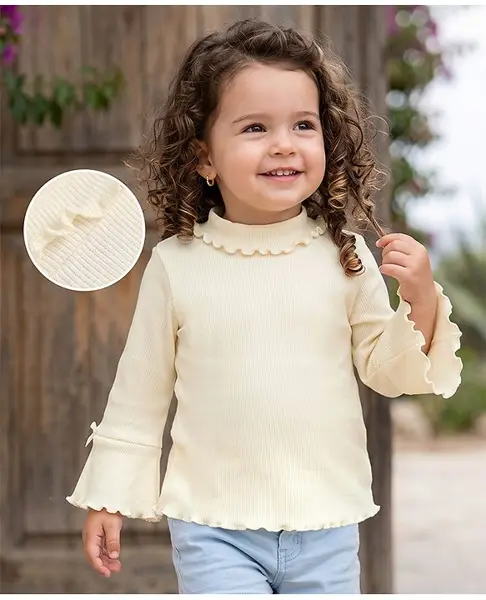 Babyhug Cotton Lycra Knit Winter T-Shirt with Full Sleeves with Knot Detailing in Beige
