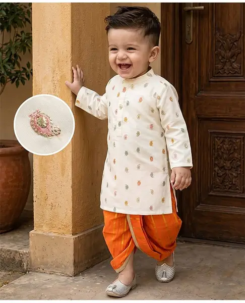 Babyhug Georgett Woven Full Sleeves Embroidered Kurta & Dhoti Set - White