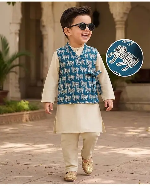 Babyhug Cotton Blend Woven Solid Kurta Pyjama Set With Horse Printed Jacket - Off White