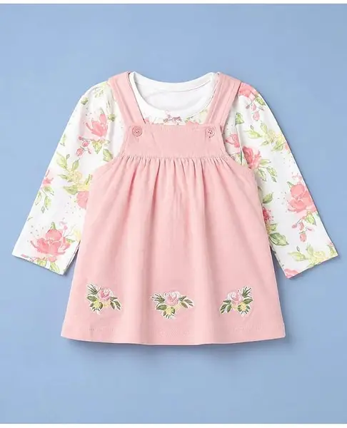 ToffyHouse 100% Cotton Interlock Knt Frock and Tee with Full Sleeves and Floral Print in Peach