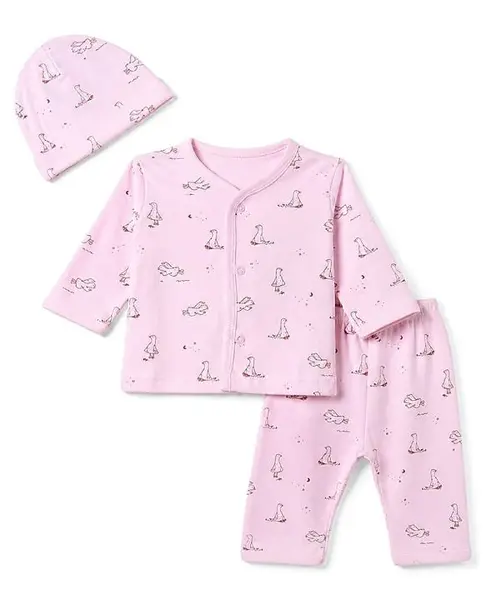 I Bears Interlock Knit Full Sleeves Co-Ords T-Shirt & Pyjama Night Suit with Cap & Duck Print - Pink