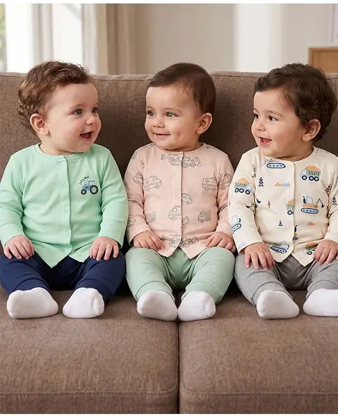 Babyoye 100% Cotton 40s Interlock with Ecojiva Finish Knit Full Sleeves Jhablas with Vehicle Print Pack of 3 - Peach Light Yellow Light Green