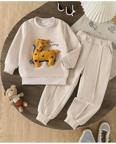 Mark & Mia Full Sleeves Sweatshirt and Jogger Winter Wear Set Full Length with and Giraffe Applique - Beige