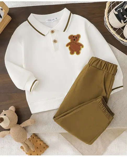 Mark & Mia 95% Cotton 5% Elastane Full Sleeves Winter Wear Suit with Bear Applique in White