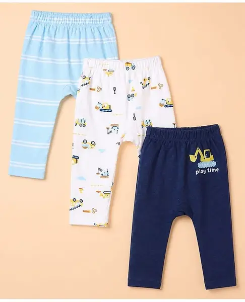 Babyhug Cotton Knit Full Length Diaper Leggings With Vehicle Print Pack of 3 - Blue White Light Blue