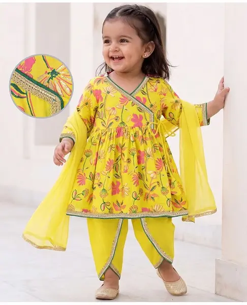 EARTHY TOUCH Cotton Mix Woven Three- Fourth Sleeves Floral Printed Kurti & Salwar Set With Dupatta - Yellow