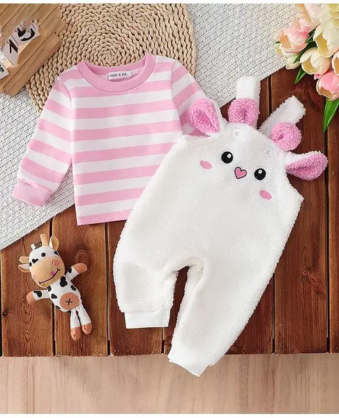 Mark & Mia Cotton Full Sleeves Winter Wear Romper With Inner Tee & Applique - White