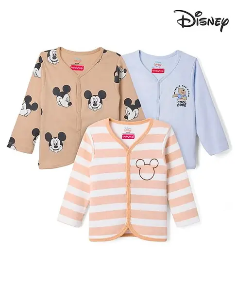 Babyhug Disney 100% Cotton Knit Full Sleeves Front Open Jhablas with Striped & Mickey Mouse Graphics Pack of 3