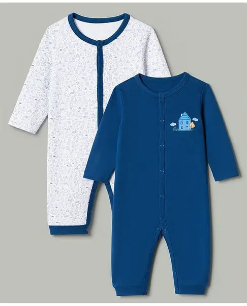 Babyhug 100% Cotton Interlock Knit Full Sleeves Rompers With Home Print Pack of 2 -Blue White
