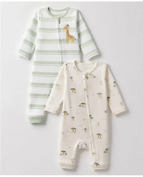 Babyhug 100% Cotton Knit Full Sleeves Striped Rompers With Animal Print Pack of 2 - White