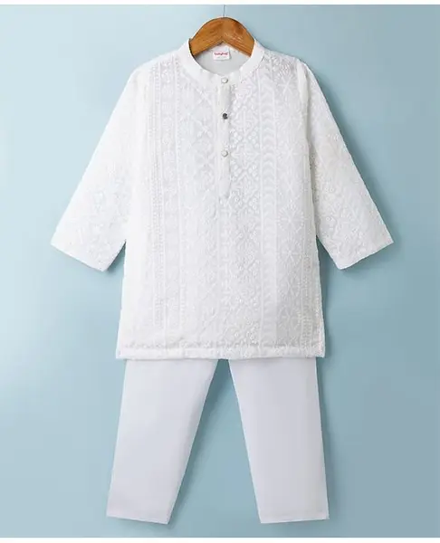 Babyhug Cotton Blend Woven Full Sleeves Kurta Pyjama Set with Embroidery in White