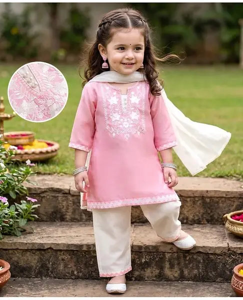 Babyhug Cotton Mix Woven Three-Fourth Sleeves Floral Embroidered Kurta & Palazzo Set With Dupatta - Pink
