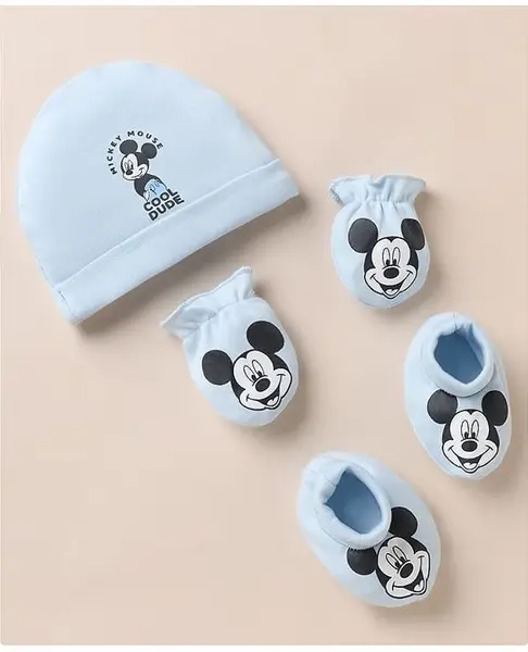 Babyhug Disney Interlock Knit Cap Mitten Booties With Mickey Mouse Graphic Print Light Blue - Diameter 11 cm
