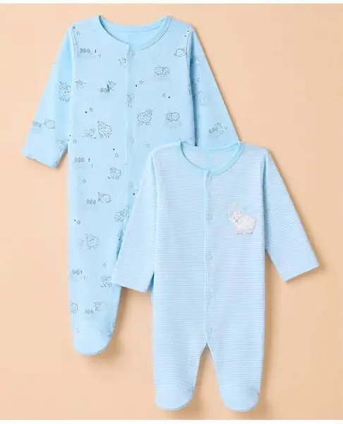 I Bears Interlock Knit Full Sleeves Striped Sleep Suits with Sheep Print Pack Of 2 - Light Blue