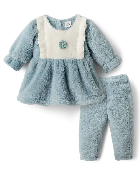 Moms Pet Fur Knit Full Sleeves Floral Applique Detailed Dress With Leggings - Blue