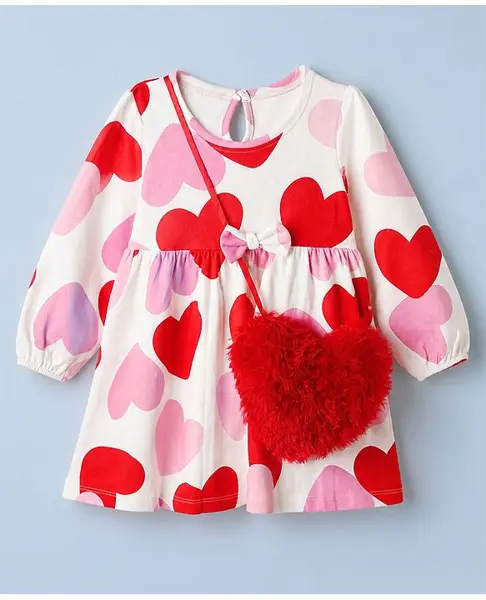 Babyhug Terry Knit Full Sleeves Winter Frock and Purse with Heart Print - White
