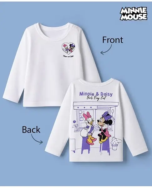 Babyhug Disney 100% Cotton Single Jersey T-Shirt with Full Sleeves and Minnie and Daisy Print in White