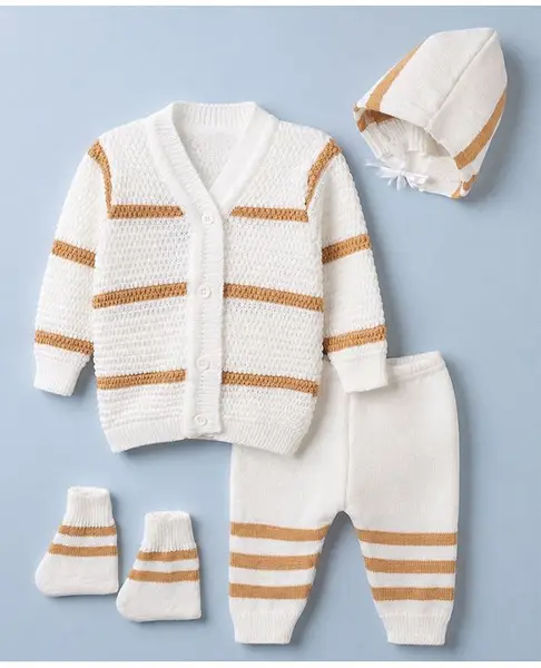 Babyhug Knit Full Length Sweater Sets and Cap with Booties and Striped Print in Beige