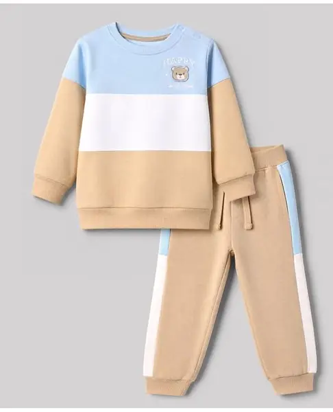 Babyhug 100% Cotton Terry Full Sleeves Tshirt and Bottomwear With Full Length and Bear Applique in Beige