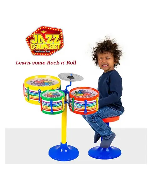 Ratans Jazz Drum Set Senior Musical Band Instrument with 3 Drums  1 Dish  1 Stool & Sticks for Kids  Great Gift Toy for Kids (Assorted Colours & Designs)