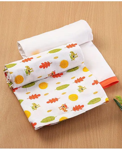 Babyhug 3 in 1 Premium Baby Cotton Muslin Wrapper Cum Swaddle Racoon Print Pack of 2 - Yellow & Green
