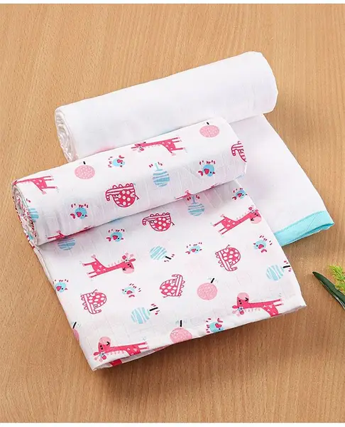 Babyhug 3 in 1 Premium Baby Cotton Muslin Wrapper Cum Swaddle Giraffe Print Pack of 2 - Pink