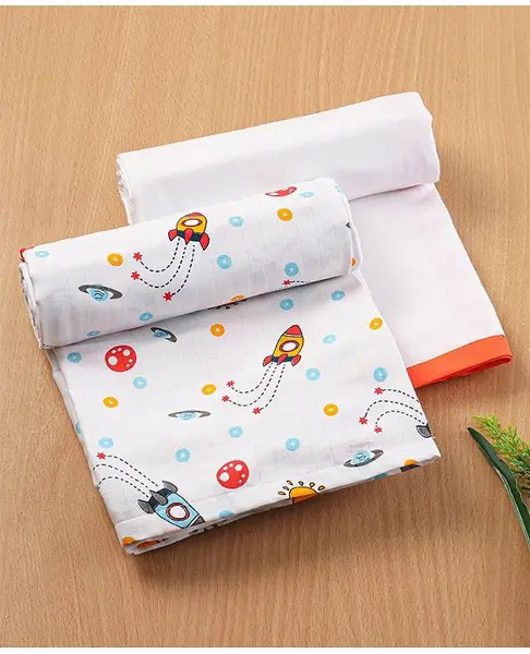 Babyhug 3 in 1 Premium Baby Cotton Muslin Wrapper Cum Swaddle Rocket Print Pack of 2  - Multicolour