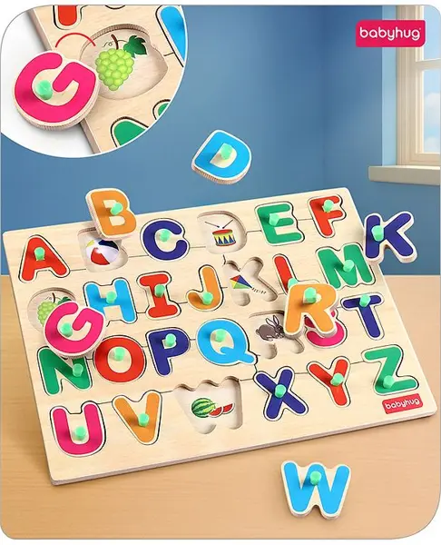 Babyhug Wooden Capital Alphabet Knob and Peg Puzzle Multicolour - 26 Pieces
