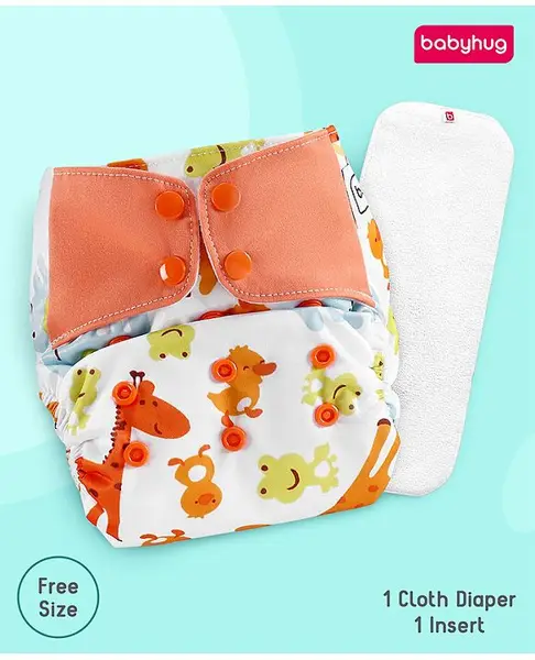 Babyhug Free Size Reusable Contrast Flap Closure Cloth Nappies With Insert Animal Print - White Orange