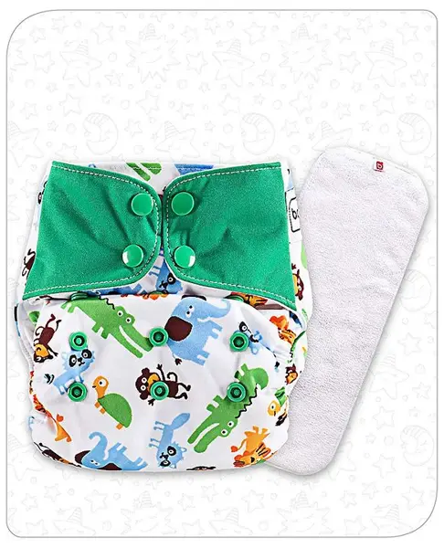 Babyhug Free Size Reusable Contrast Flap Closure Cloth Diaper With Insert Animal Print - White Green