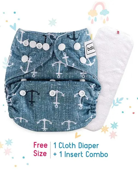 Babyhug Free Size Reusable Cloth Diaper With Insert Anchor Print - Blue