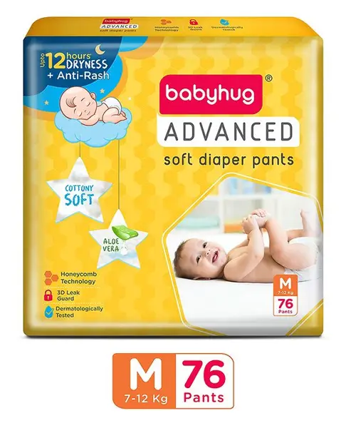 Babyhug Advanced Pant Style Diapers Medium (M) Size - 76 Pieces  Honeycomb Technology  Cottony Soft Diaper with 3D Leak Guard  Latex & Alcohol Free  Anti-rash & Gentle