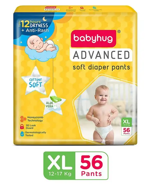 Babyhug Advanced Pant Style Diapers Extra Large (XL) Size   - 56 Pieces  Honeycomb Technology  Cottony Soft Diaper with 3D Leak Guard  Latex & Alcohol Free  Anti-rash & Gentle