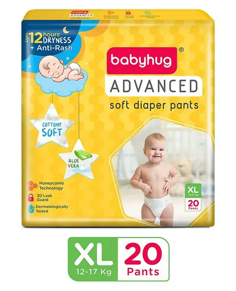 Babyhug Advanced Pant Style Diapers Extra Large (XL) Size   - 20 Pieces  Honeycomb Technology  Cottony Soft Diaper with 3D Leak Guard  Latex & Alcohol Free  Anti-rash & Gentle