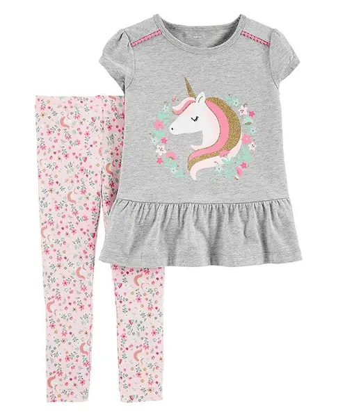 Carters 2 Piece Unicorn Peplum Top & Floral Legging Set - Grey